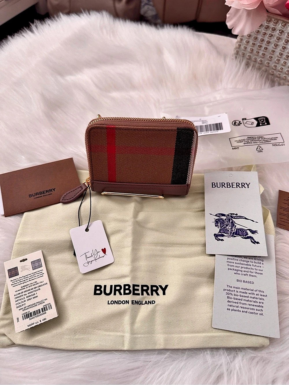 New Burberry Mini Check Zip Around Wallet Plaid Brown & Red NWT
